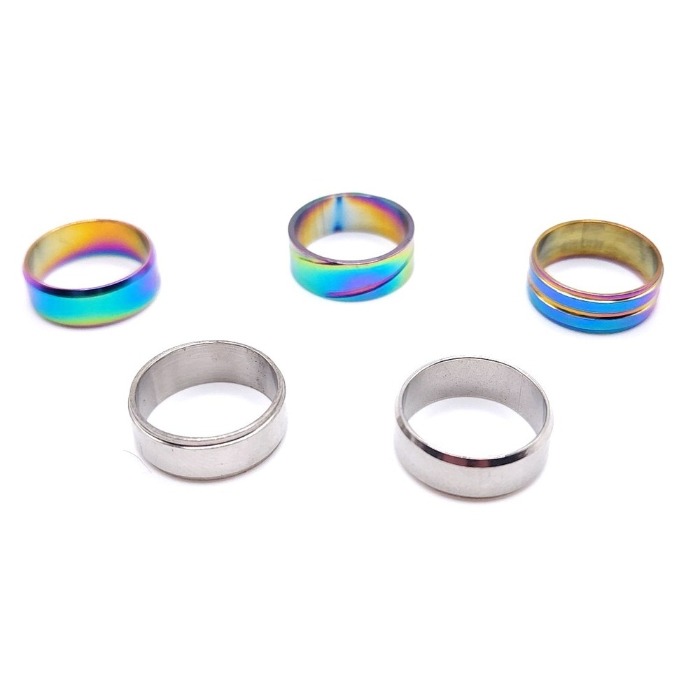 5Pc Stainless Steel Band Ring Set Size 6.5 Silver Rainbow